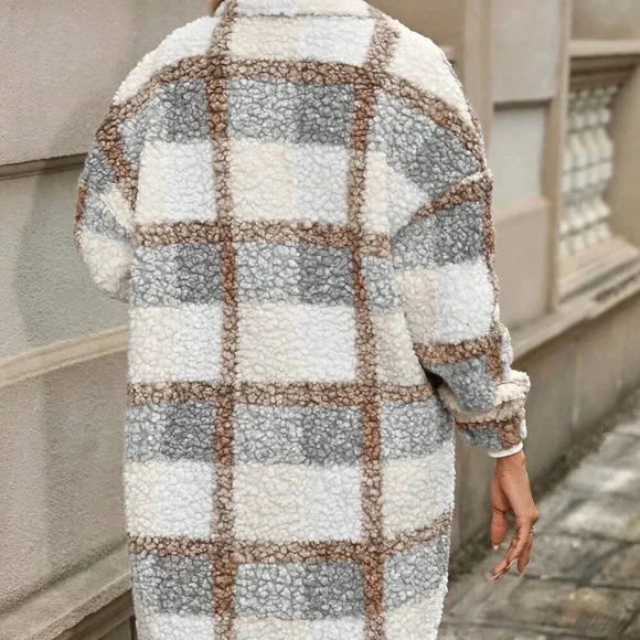 Multicolor Casual Women's Plaid Print Drop Shoulder Teddy Coat - Picture 2 of 7